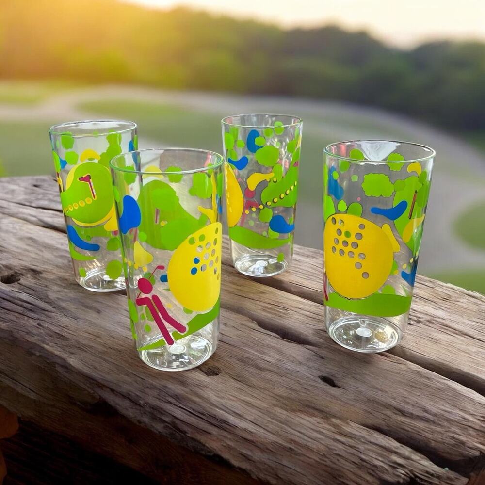 NIB Vtg. 80s Golf 16 Oz Clear Acrylic Glasses Bold Colorful Abstract Bbq Outdoor